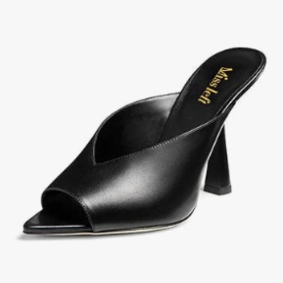 Miss Left Black Peep Toe Cutout Mules Slip On High Heel Slide Sandal Dressy Shoe